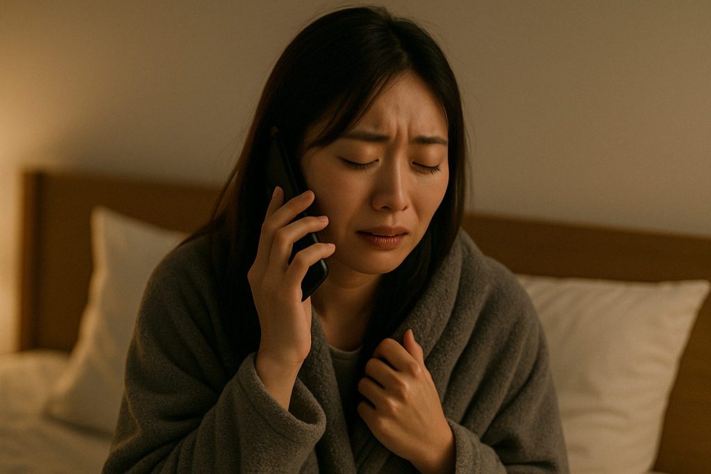 電話越しに涙をこらえる女性。辛い別れを受け入れ、自分の傷と向き合っている様子