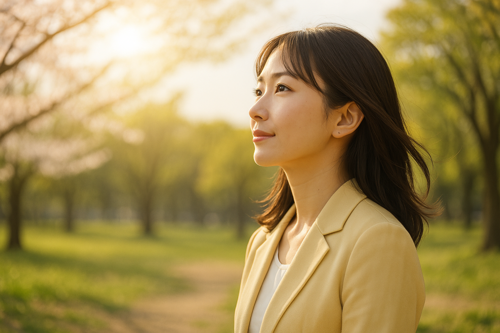 風と光がそよぐ森の中で、斜め上を見つめて微笑む女性。悩みの先にある希望を信じ、静かに前を向こうとしている