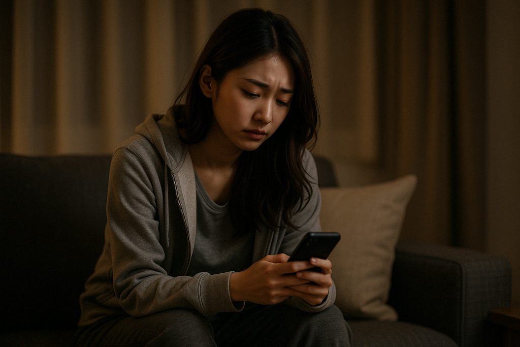 夜の薄暗い部屋でソファに座り、両手でスマホを見つめる女性。恋愛に疲れ果て、感情が限界に達しているような表情を浮かべている