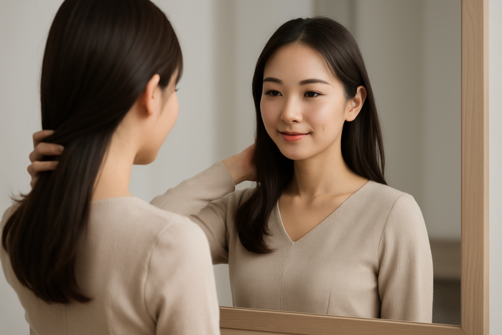 鏡の前で髪を整えながら静かに微笑む20代の日本人女性。控えめなオフィスカジュアルの服装で、後ろ姿と鏡の中の穏やかな表情が重なり合い、内面の変化と意識の変容を感じさせる印象的なシーン。