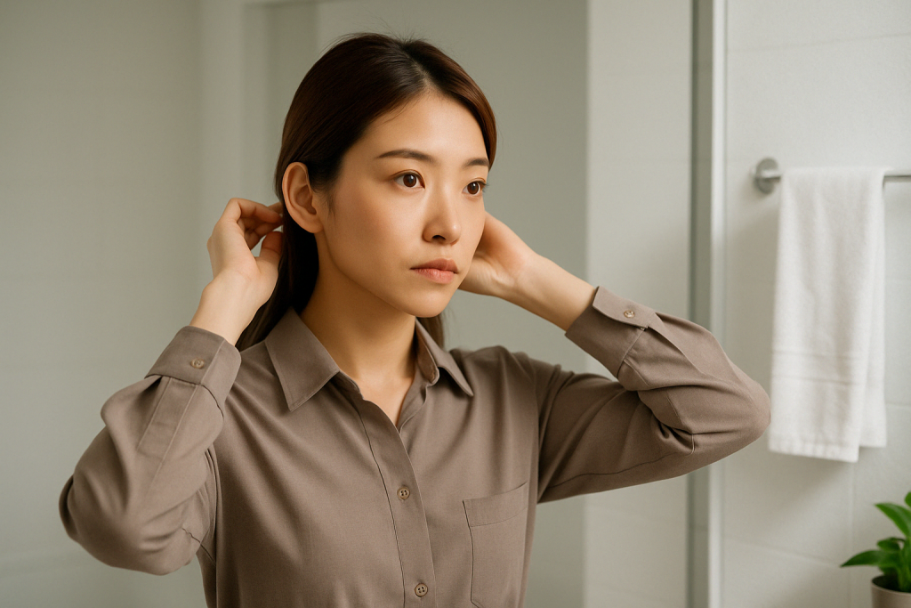 朝の洗面所で鏡に向かいながら髪を整える20代の日本人女性。くすみカラーのシャツに身を包み、決意と希望を込めた眼差しをしている。