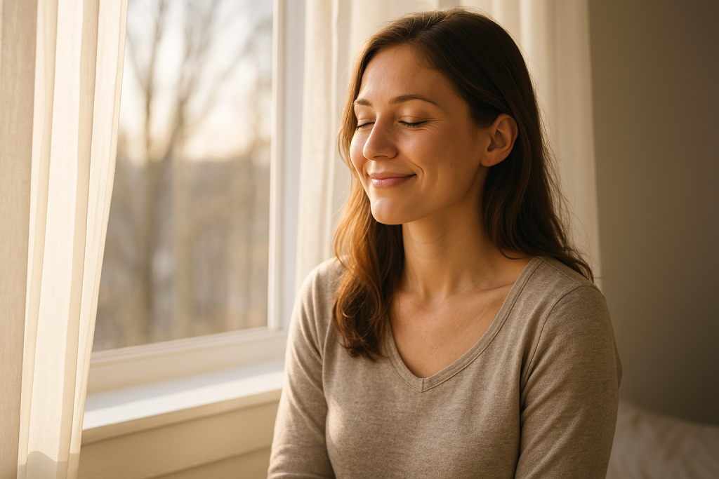 窓からやわらかな光が差し込む部屋で、目を閉じて笑顔を浮かべる女性。占いの一言に救われ、心がふっと軽くなった瞬間