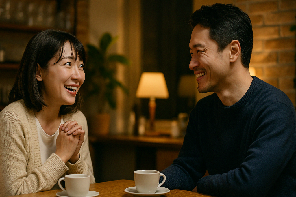 夜の室内で間接照明に包まれながら、男女が笑顔で楽しそうに過ごしている。脈なしだと思っていた相手が少し笑ってくれた、小さな奇跡の瞬間