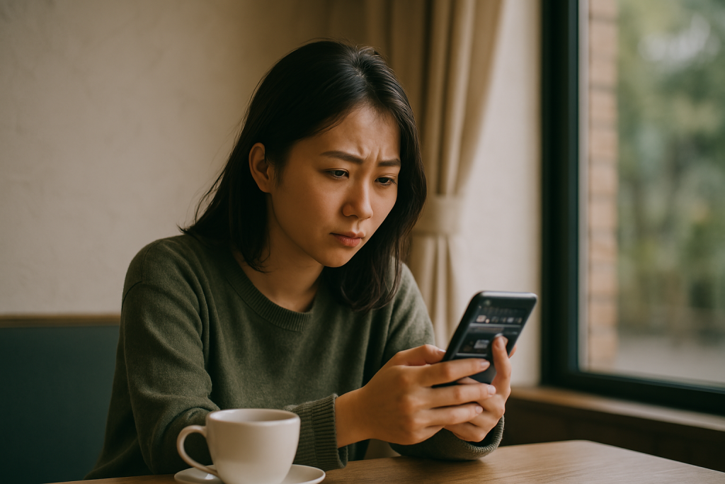 自宅のソファに座り、両手でスマホを持って真剣な眼差しを向ける女性。コーヒーカップの横で、占いに頼るきっかけとなった不安と向き合っている