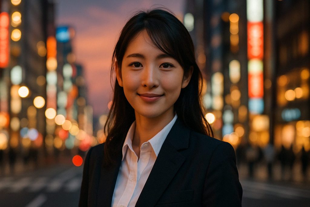 夕暮れ時の街中で微笑むスーツ姿の女性。ネオンが灯る背景の中、どこか切なさと前向きさをたたえた表情が印象的
