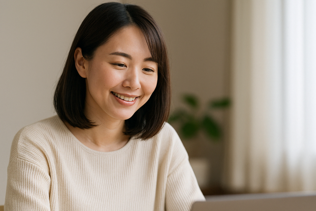 昼間の明るい部屋で、笑顔を浮かべながらノートパソコンを見つめる女性。今の気持ちを誰かに話してみようと、そっと前向きな一歩を踏み出そうとしている