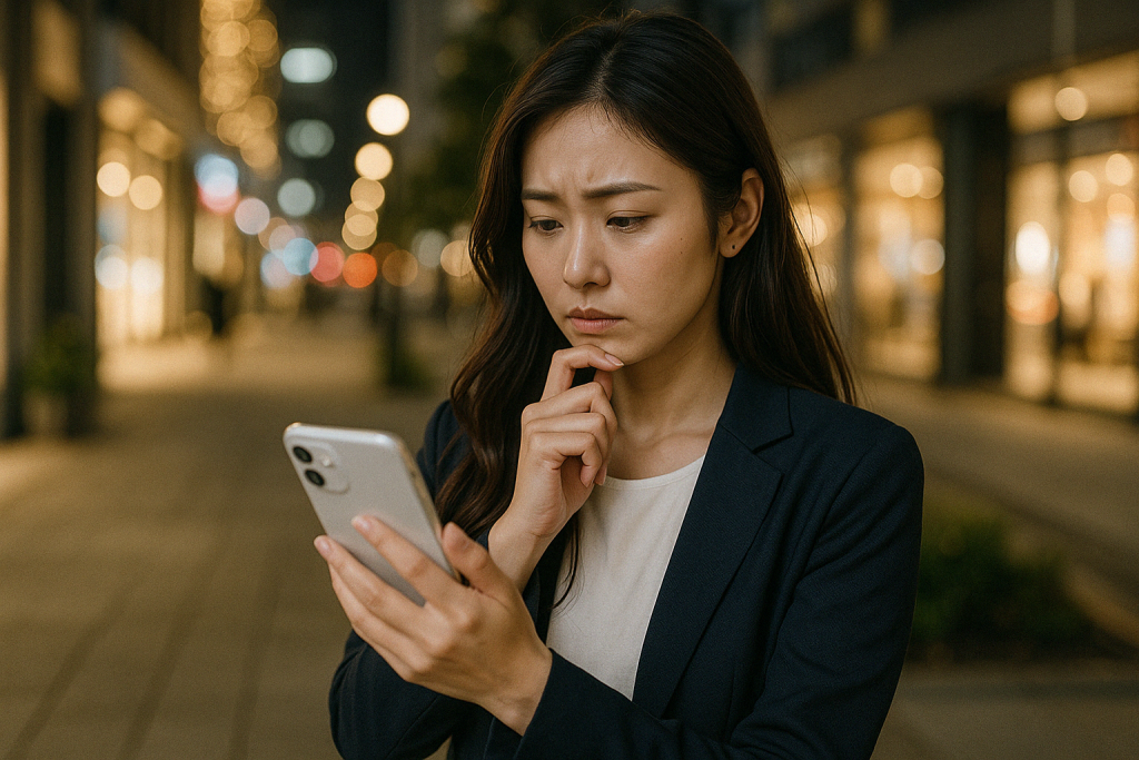 夜の街でスマホを見つめる女性。彼の気持ちを知りたいと願いながらも、不安や迷いを抱えて立ち止まり、行動を迷っている