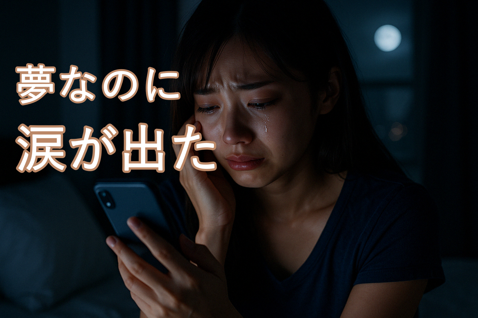 真っ暗な部屋で、頬に手を当てながらスマホの光に照らされて涙をこぼす女性。彼氏と別れる夢を見て、不安と悲しさに押しつぶされそうになっている