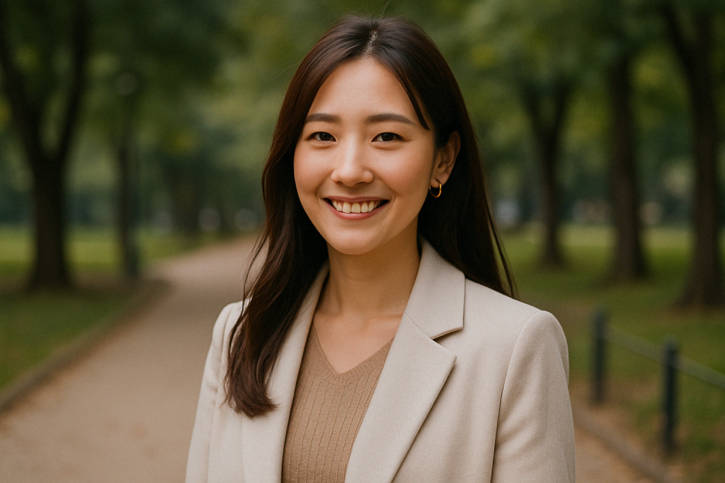 昼間の公園で明るいスーツ姿の女性が笑顔でこちらを見つめている。占いを上手に活用し、未来を前向きに変えていくための選び方や心構えを伝えようとしている