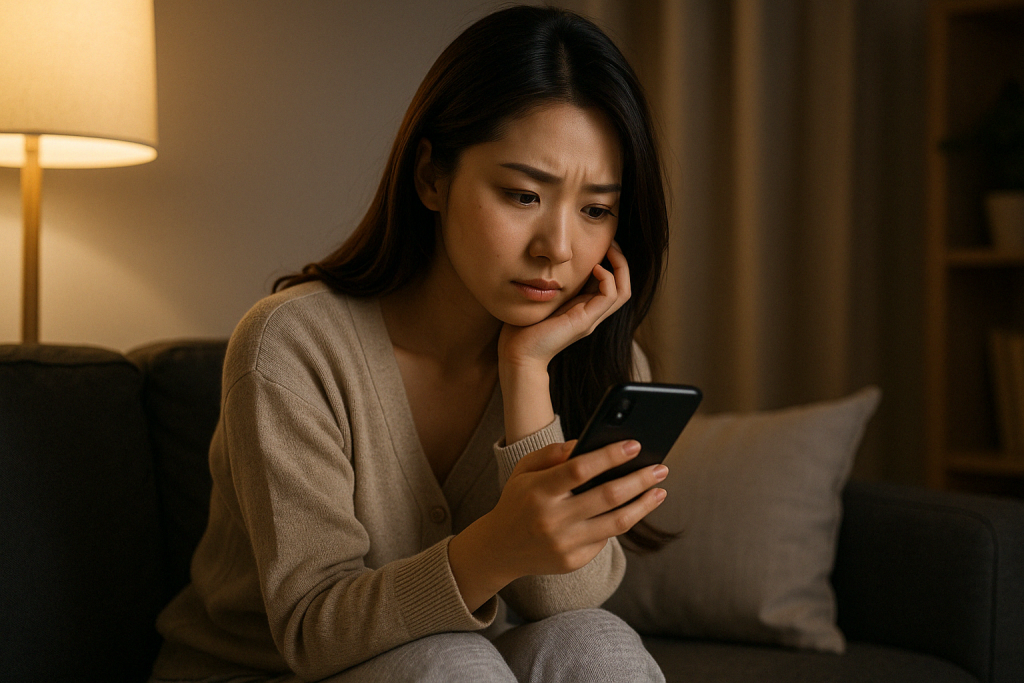 夜の薄暗い部屋でソファに座り、頬に手を当てながらスマホを見つめる女性。占いの一言が心に刺さり、浮気の予感が確信に変わる瞬間を迎えている