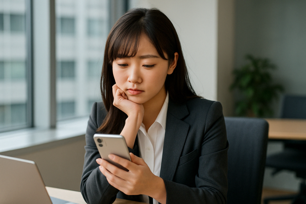 昼間のオフィスで黒のスーツを着た女性が、真剣な表情でスマホを見つめている。恋に迷う中で見た占いの言葉が心に響き、行動する勇気をもらっている