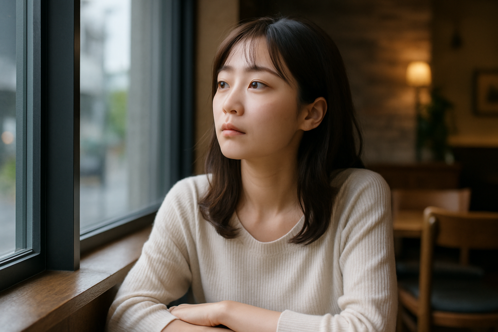 カフェの窓辺で外を見つめる若い日本人女性。ナチュラルなセーター姿で頬杖をつきながら、少し寂しげなまなざしで考え込んでいる。落ち着いた店内の雰囲気と柔らかい自然光が、静かな時間を感じさせる。