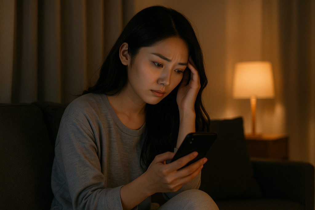 薄暗い部屋でソファに座り、スマホを片手に額に手を当てて真剣に考え込む女性。彼の様子に違和感を覚えた日々を、静かに思い返している