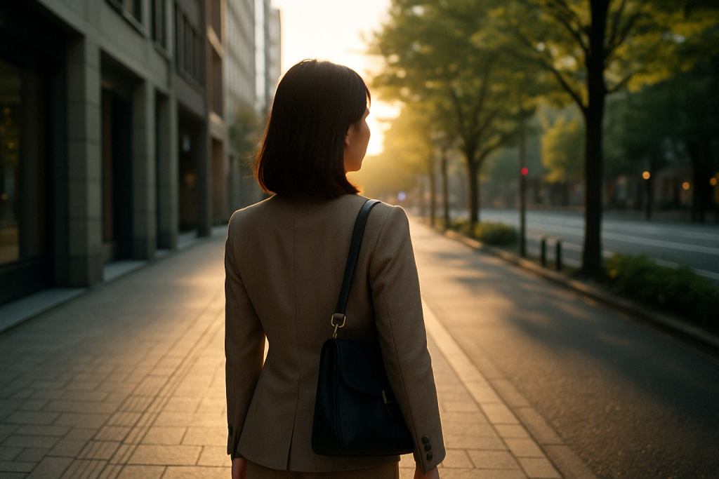早朝の静かな街角で、スーツ姿の日本人女性が歩道に立ち、朝日に照らされながら前を見つめている後ろ姿。決意を胸に新たな一日を迎える、自分の足で進み始めた象徴的なシーン。