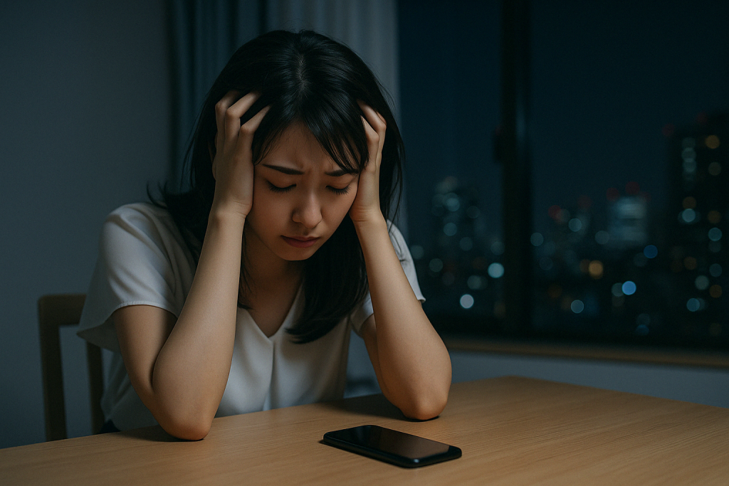 夜の静かな部屋で、日本人女性がスマホの前で頭を抱え、深く悩んでいる。背景には都会の夜景が広がり、彼からの連絡を待ち続ける切なさと混乱を表現した構図