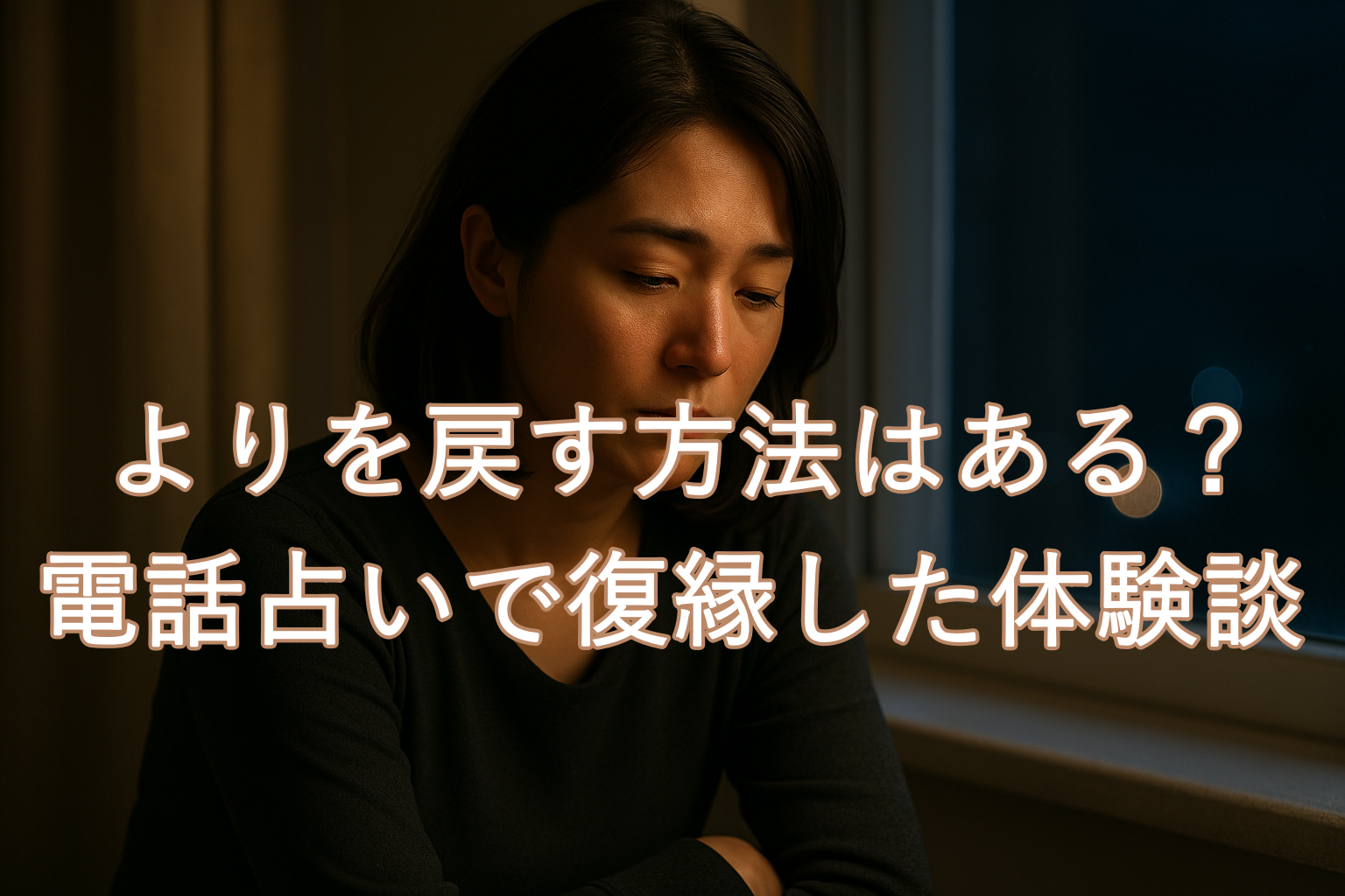 夜の暗い部屋で腕を組み、下を向いて考え込む女性。よりを戻すべきか悩みながら、自分の気持ちと静かに向き合っている