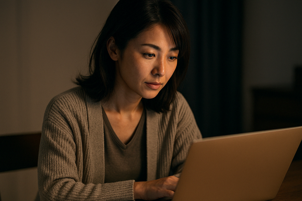 暗い部屋でノートパソコンの画面に照らされながら、真剣な表情で検索を続ける女性。ツインレイという言葉に導かれ、答えを探している