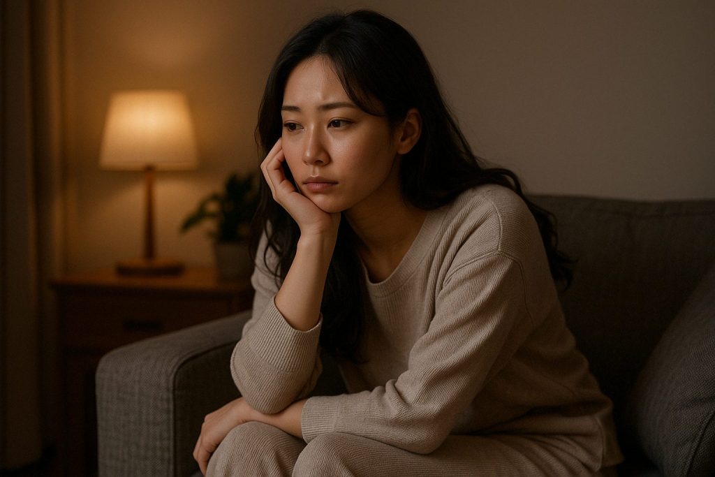 夜の部屋で、静かに元彼を思い出している女性。ふとした瞬間にこみ上げる切なさ