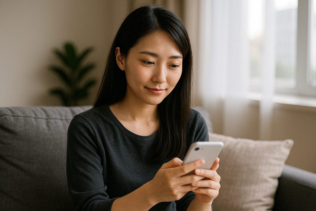 スマホを見つめて穏やかに微笑む女性。前向きな気持ちで恋に向き合おうとしている様子