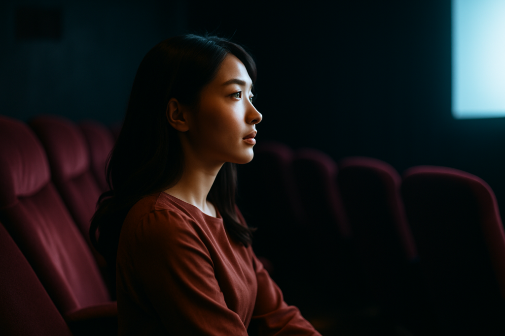 映画館の座席に深く腰掛け、スクリーンを真剣に見つめる20代の日本人女性。落ち着いた色のワンピースを着ており、スクリーンの光が横顔を優しく照らしている。内省と気づきの瞬間をとらえた写真。