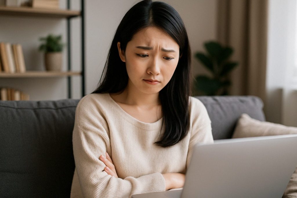 音信不通の彼を待ち続け、苦しさを抱えながらパソコン画面を見つめる女性。占いや相談サービスを探している様子