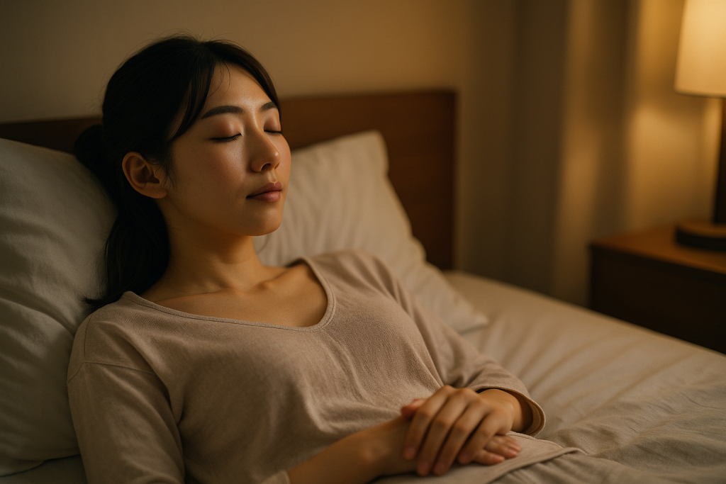 夜のベッドルームで静かに目を閉じる日本人女性。淡い色の部屋着をまとい、やさしい間接照明の中で未来を思い描いているスピリチュアルな雰囲気の一枚。