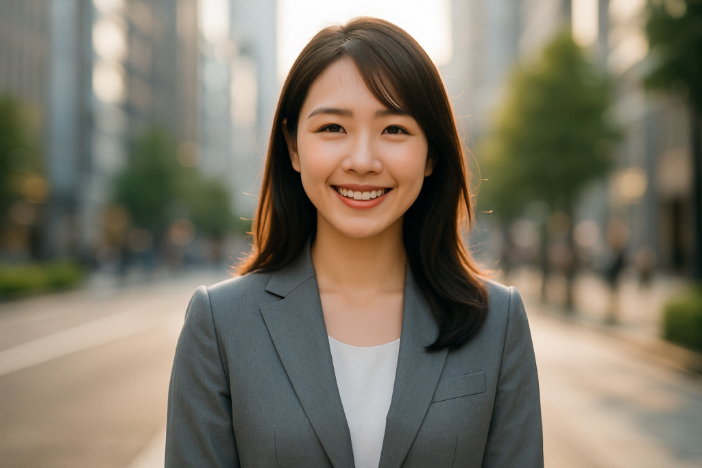 朝の繁華街で、グレーのスーツを着た日本人女性がこちらに向かって微笑んでいる。背景にはぼかされた街並みと後光のような朝の光が差し込み、前向きで希望を感じさせるポートレート構図