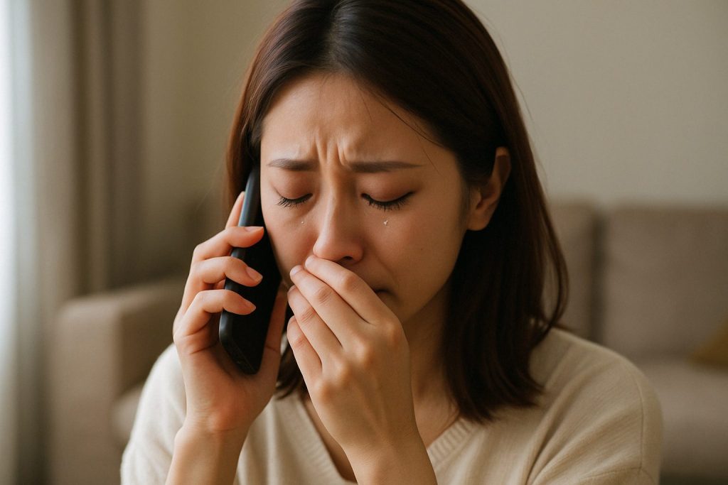 電話をしながら涙を流す女性。やっと想いが届いたことに心が動かされ、張りつめていた気持ちが一気にあふれた感動の瞬間
