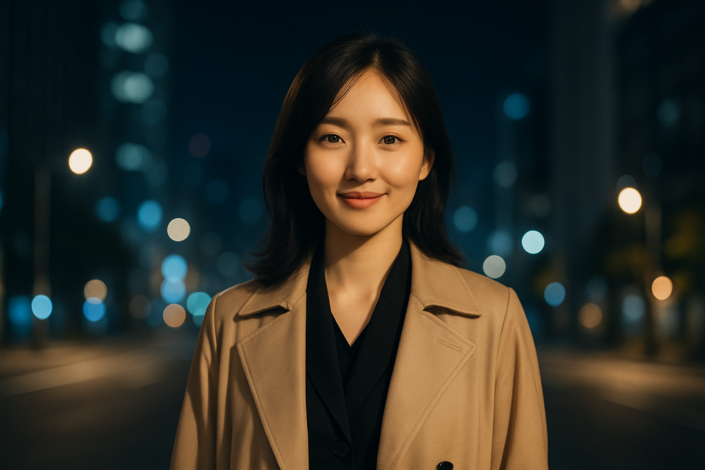夜の東京の街角で、黒のスーツとベージュのトレンチコートをまとった20代の日本人女性がこちらを見つめて微笑んでいる。背景はポートレート調でやや神秘的な雰囲気に包まれ、街灯の光が彼女の穏やかな表情をやさしく照らしている。