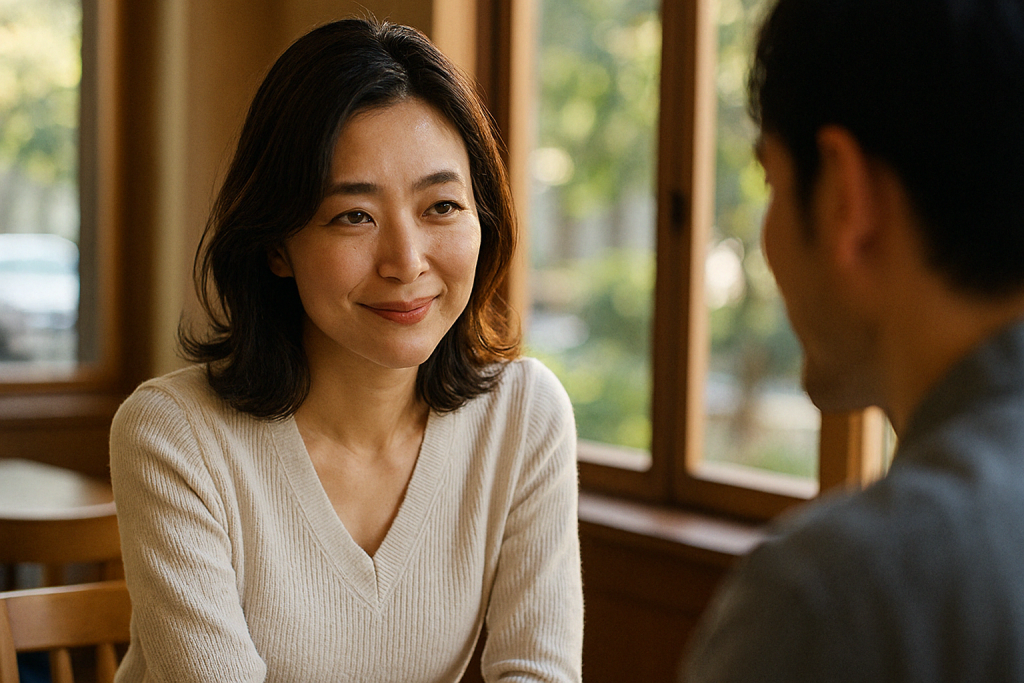 カフェで男性の肩越しに微笑みながら話を聞く女性。初めて会ったのにどこか懐かしく、運命のような感覚を覚えている