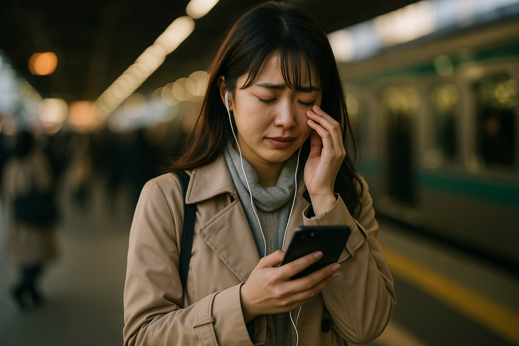 駅のホームで人混みに囲まれながら、スマホを見つめて涙ぐむ日本人女性。トレンチコート姿で仕事帰りの雰囲気をまとい、感情の動きと変化の兆しがにじむ一瞬を切り取ったシーン。