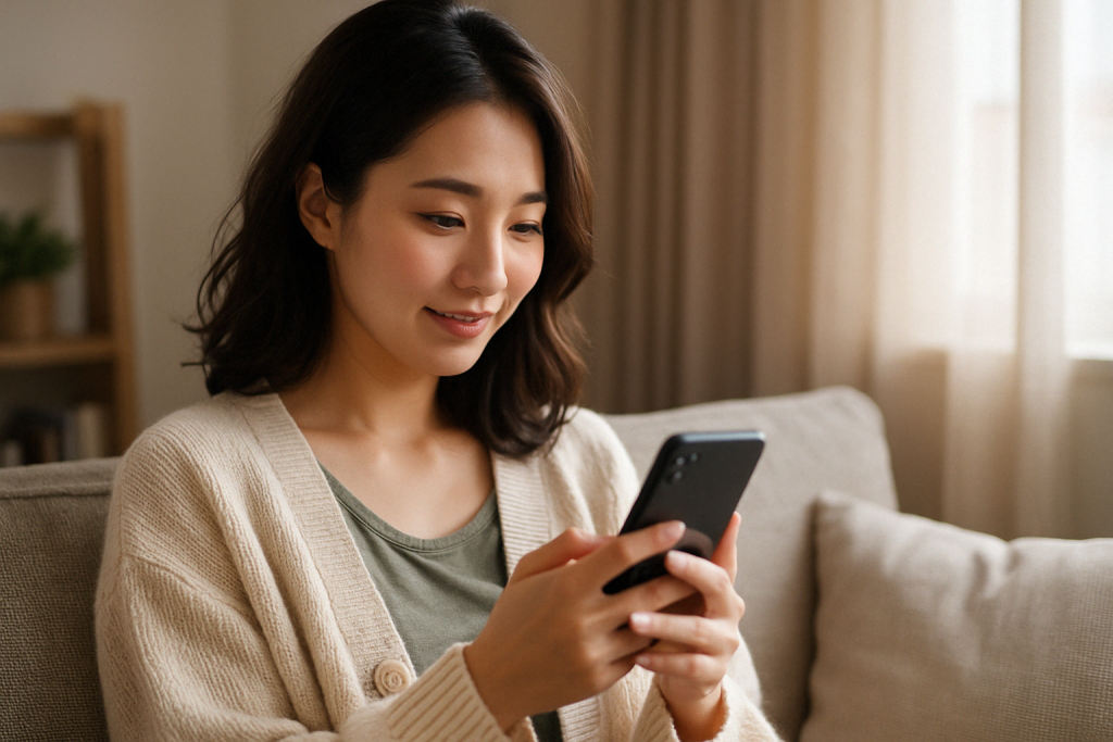 昼間の自宅でソファに座り、スマホを見ながら微笑む女性。運命の相手かもしれないという期待と、不安が交差する心の揺れを静かに感じている