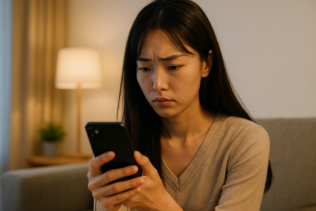 自宅のソファで女性がスマホを真剣な表情で見つめている。ソウルメイト診断だけでは物足りず、もっと深く相手との運命を知りたいと感じている