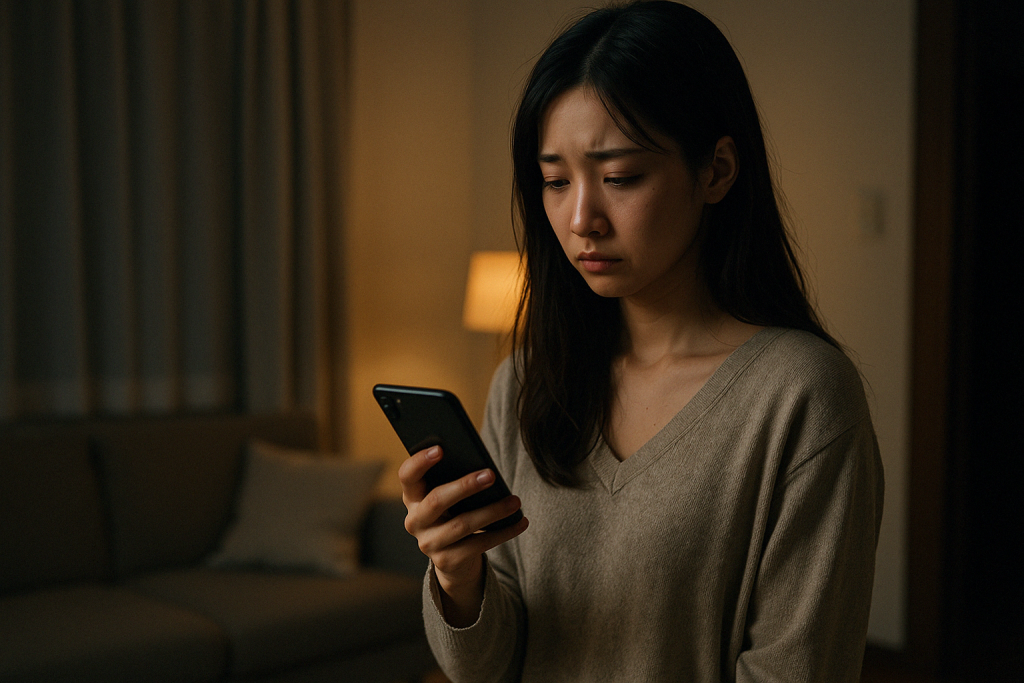 夜の暗い部屋で立ち尽くし、スマホを持ったまま涙をこらえる女性。すれ違いが重なり、自分だけが頑張っているように感じていた苦しい夜