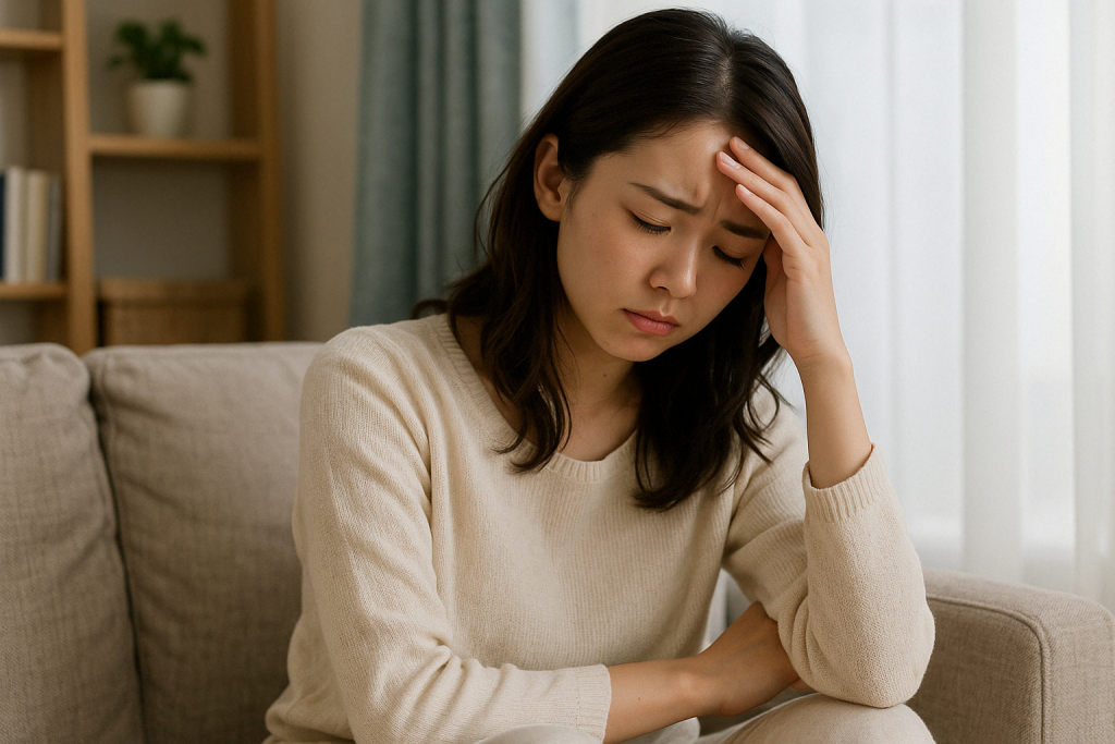 昼間の自宅でソファに座り、額に手を当てながら真剣な表情を浮かべる女性。夢をきっかけに、自分の本音と向き合う時間が始まっている