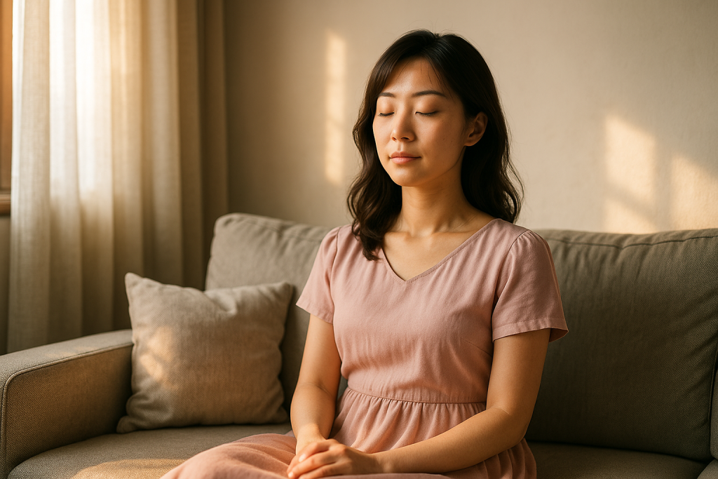 朝日が差し込む穏やかな部屋の中、ソファに静かに座って目を閉じる20代の日本人女性。柔らかなワンピースを着て、リラックスした表情で未来を思い出しているスピリチュアルな一場面。
