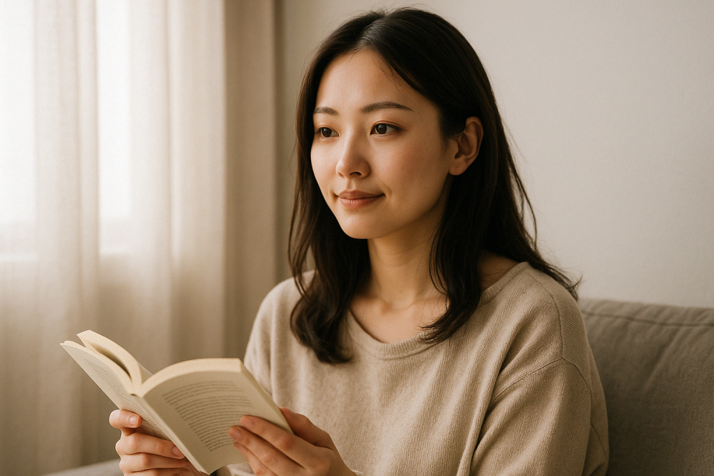 昼間の自宅で静かに本を読んでいる女性。恋愛に悩んでいた過去の自分を思い出しながら、今の自分にできることをやさしく受け止めている