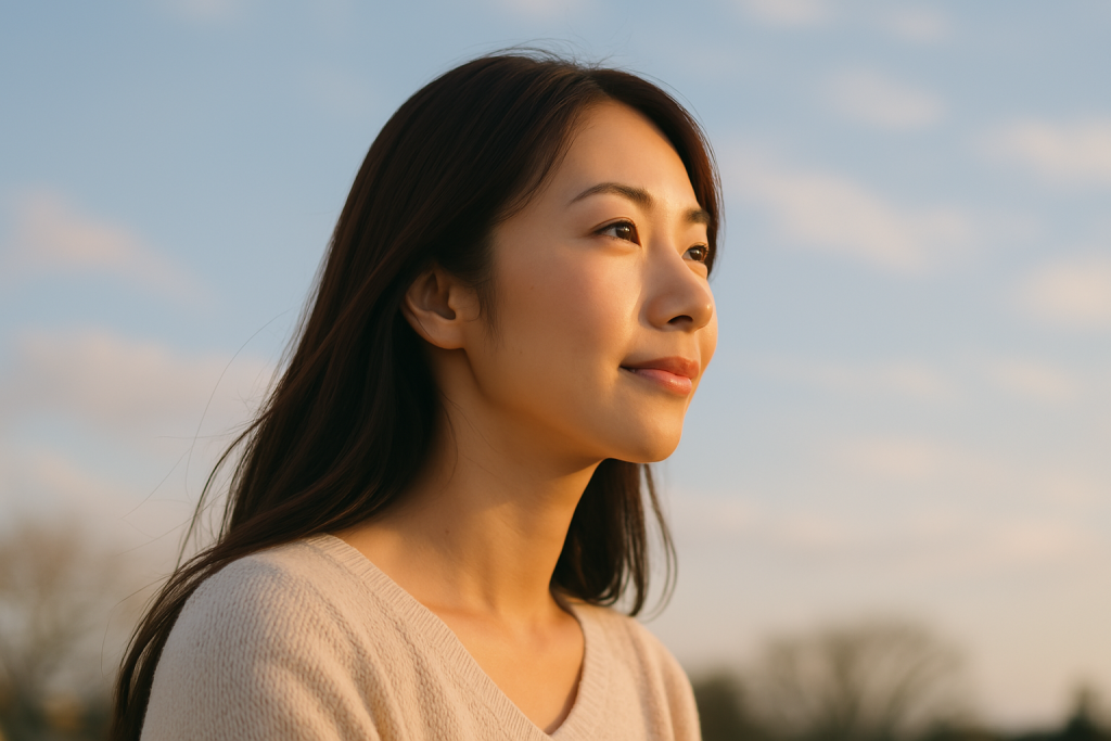 朝日(または夕日)の差し込む空の下、遠くを見つめて微笑む女性。正解はなくても、自分なりの答えを胸に静かに歩き出している