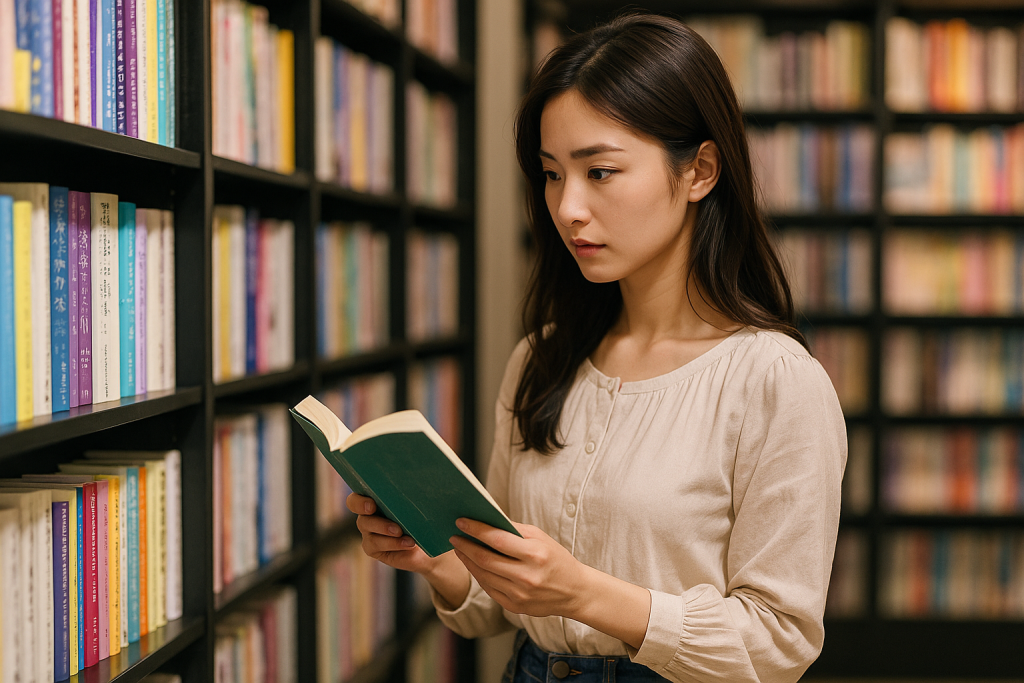 書店のスピリチュアル本コーナーで、ナチュラルなカジュアル服を着た20代の日本人女性が、真剣な表情で本を見つめている。背景にはカラフルな本棚が並び、落ち着いた都会の書店の雰囲気が漂う。