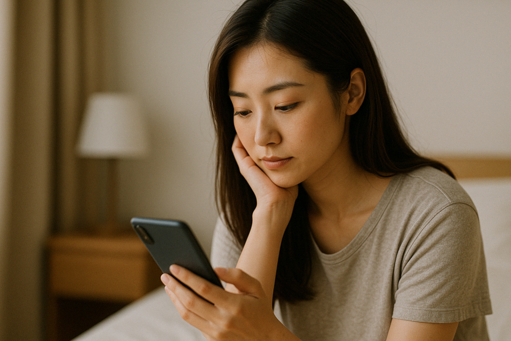 朝、自宅のベッドで真剣な表情の女性がスマホを見つめている。何度も目にしていた『1111』という数字が、ただの偶然ではなく意味を持っていると感じ始めた瞬間