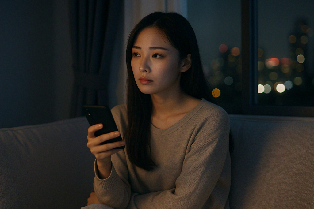 夜の自宅リビングで、スマホを手に窓の外を静かに見つめる20代の日本人女性。部屋着姿で、少し切なげな表情を浮かべている。