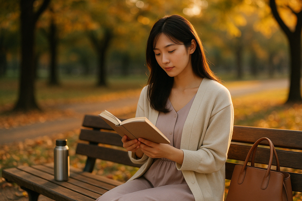 夕暮れの公園のベンチで、淡いワンピースとカーディガンを身にまとった日本人女性が穏やかな表情で読書している。本や水筒、バッグがそばに置かれている。静かに心を整える時間の象徴的なシーン