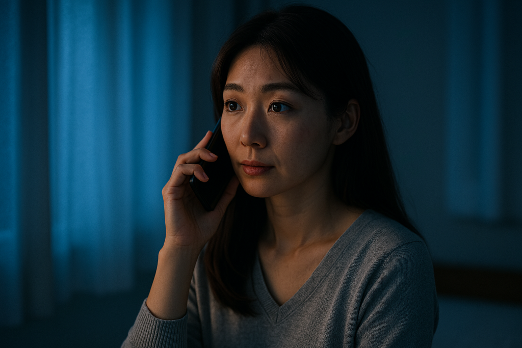 青いカーテンを閉めた薄暗い部屋で、電話をしながら驚いた表情を浮かべる女性。電話占いの言葉が胸に響き、思いがけない気づきを得た瞬間