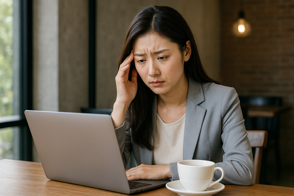 昼間のカフェで、グレイのスーツを着た女性がノートパソコンを見つめながら真剣な表情を浮かべている。彼氏と別れる夢を見たあの日の記憶をたどりながら、意味を調べている
