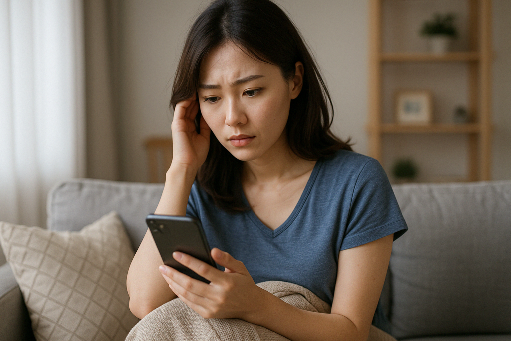 昼間の自宅でソファに座り、スマホを見つめながらこめかみに手を当てる女性。占い師の一言に心を揺さぶられ、彼の嘘に気づいてしまった衝撃と向き合っている