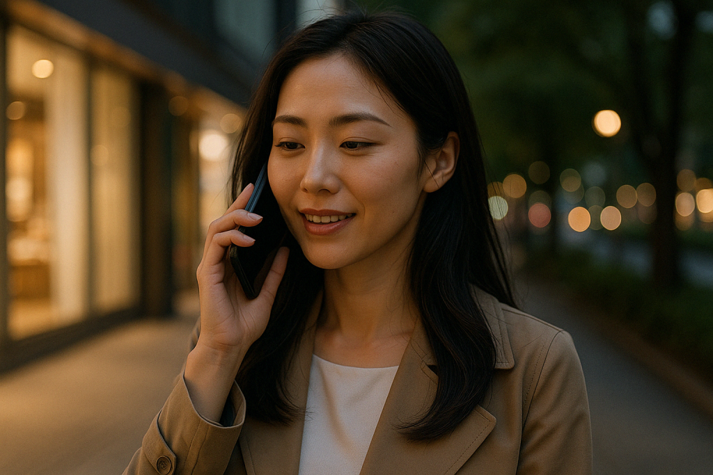 夜の繁華街でネオンに照らされながら、ベージュのコート姿の女性がスマホを耳に当てて微笑んでいる。占いを通じて少しずつ心がほぐれ、前向きな気持ちが芽生えている