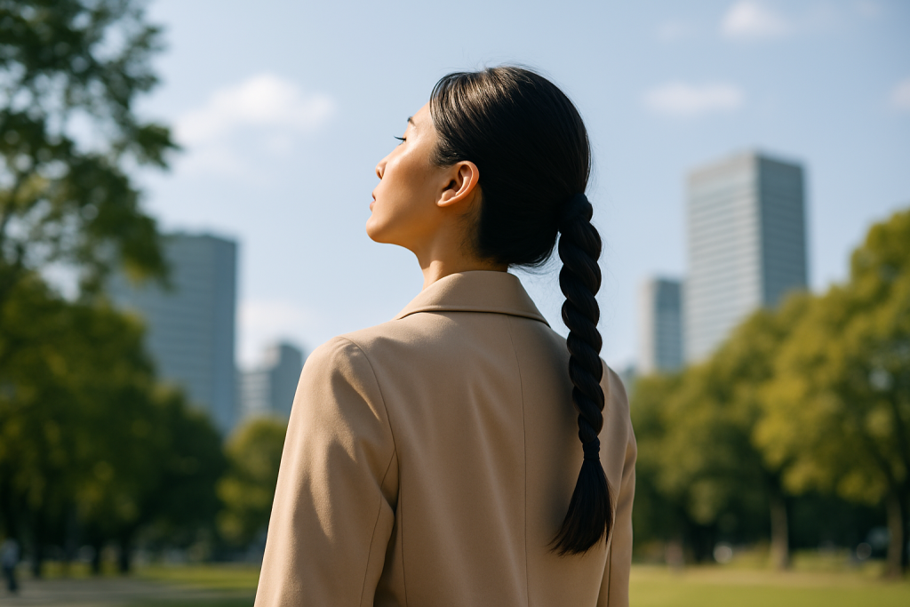 都会の公園で背筋を伸ばし、空を見上げる三つ編みの日本人女性の後ろ姿。柔らかな光が差し込み、未来を見つめるような雰囲気が漂う。