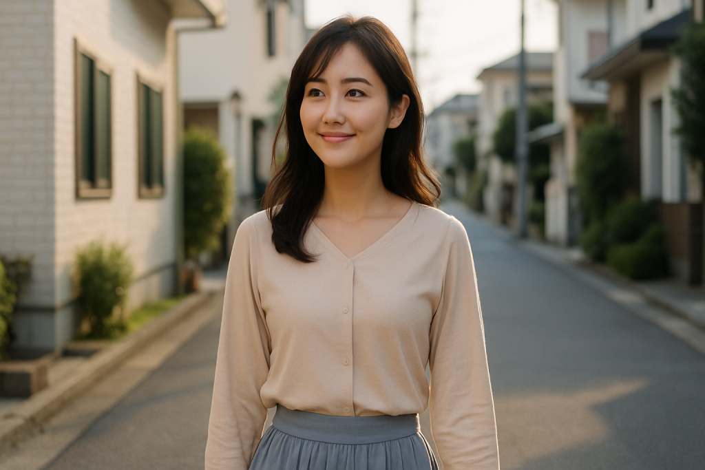 朝の住宅街を歩く女性。少しずつ前を向こうとするやさしい決意を感じさせる表情。