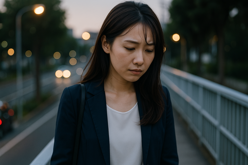 夕方の歩道橋をうつむき加減で歩く、紺色ジャケット姿の20代日本人女性。戸惑いと揺れ、少しの期待が感じられる表情