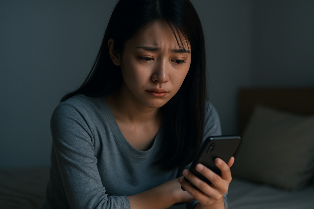 夜の部屋でスマホを見ながら泣きそうな表情の20代の日本人女性。ラフで清潔感のある部屋着を着てベッドに座っており、迷いや孤独、葛藤が伝わる。